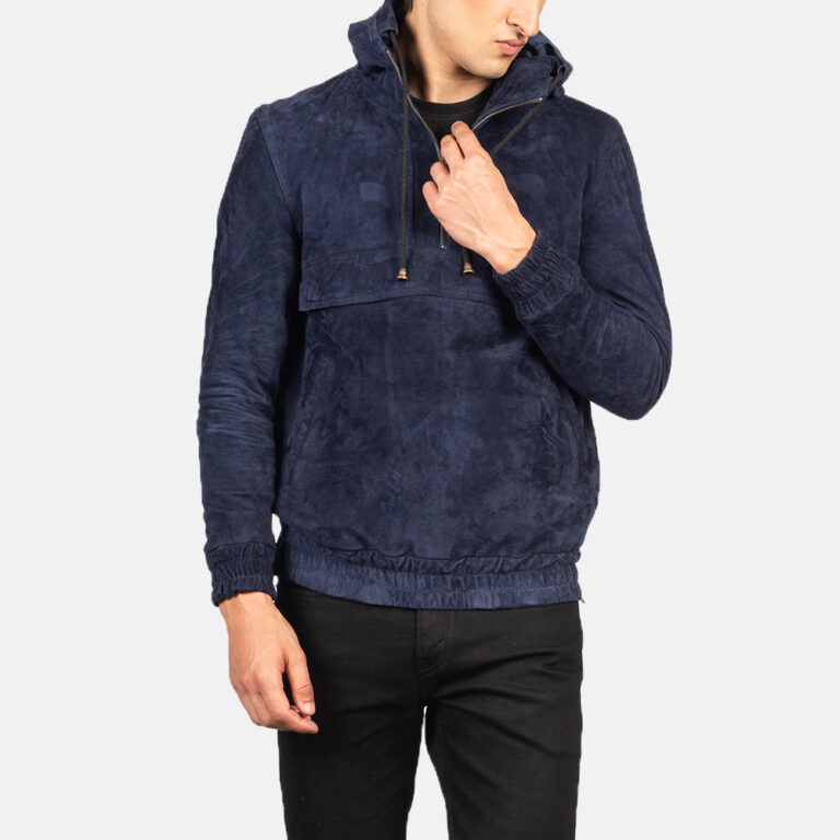 Mens Kenton Hooded Blue Suede Pullover Jacket Close-Up-9-1634134794631